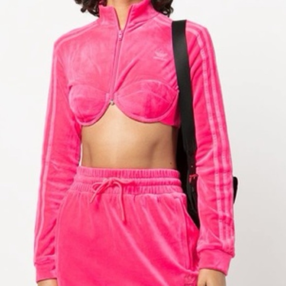 NWT Adidas x Jeremy Scott Cropped Bustier Pink Velour Zip Track Jacket Preppy - Picture 3 of 13